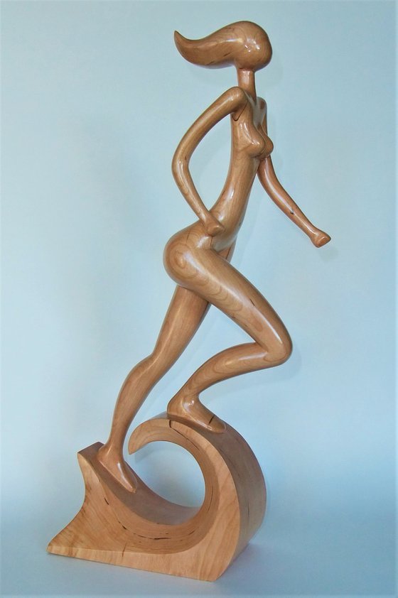 Nude Woman Wood Sculpture RUNNING on WAVES