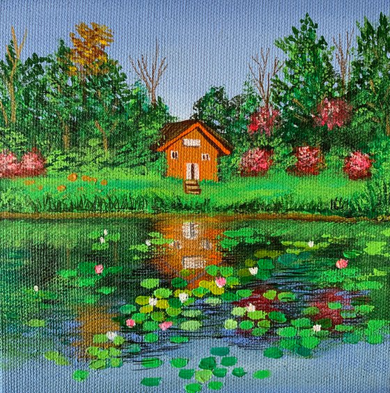 House by water lilies pond - 3 ! Small Painting!!  Ready to hang