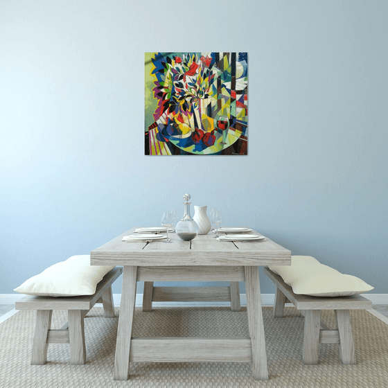 Still life with wine and pomegranates (80x80cm, cubism, oil painting, ready to hang)