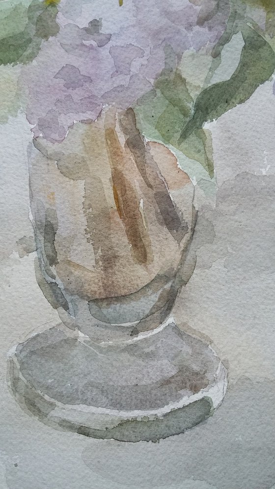 Bouquet of lilac flowers in vase. Original watercolour painting