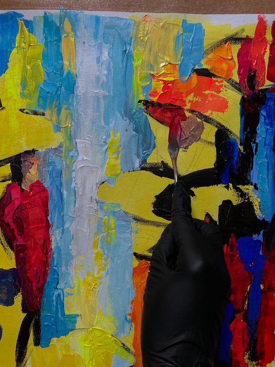 Bright umbrellas. Lady in pink