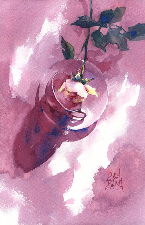 "Shadow Dance" contemporary still life with cup and rose in purple tones watercolor by Ksenia Selianko
