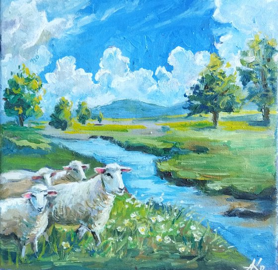 Sheep by River Landscape