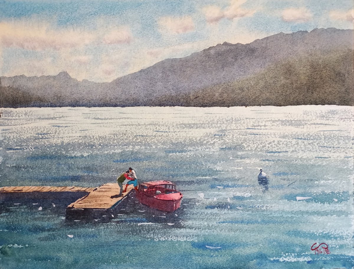 Expressive Landscape Watercolour By Tollo Pozzi, 16 X 12", Getting Off The Boat - Varenna, Original Artwork
