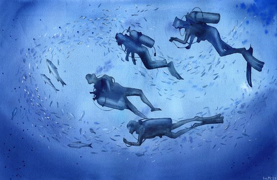 A group of divers deep underwater. Original artwork.