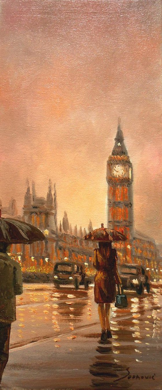 RAINY LONDON oil on canvas, London cityscape, 10 % off sale ! ORDER THE SAME ARTWORK