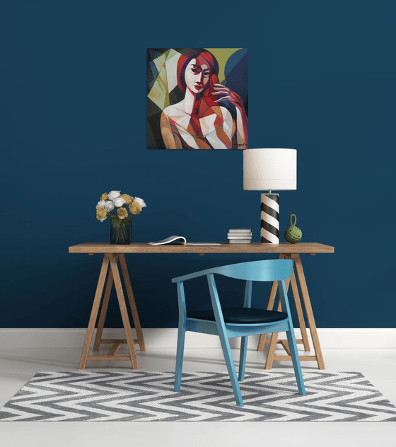 In front of the mirror (60x60cm, cubism, oil painting, ready to hang)