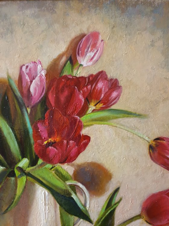 "Spring tulips" still life  metal silver tulip liGHt original painting  GIFT (2019)