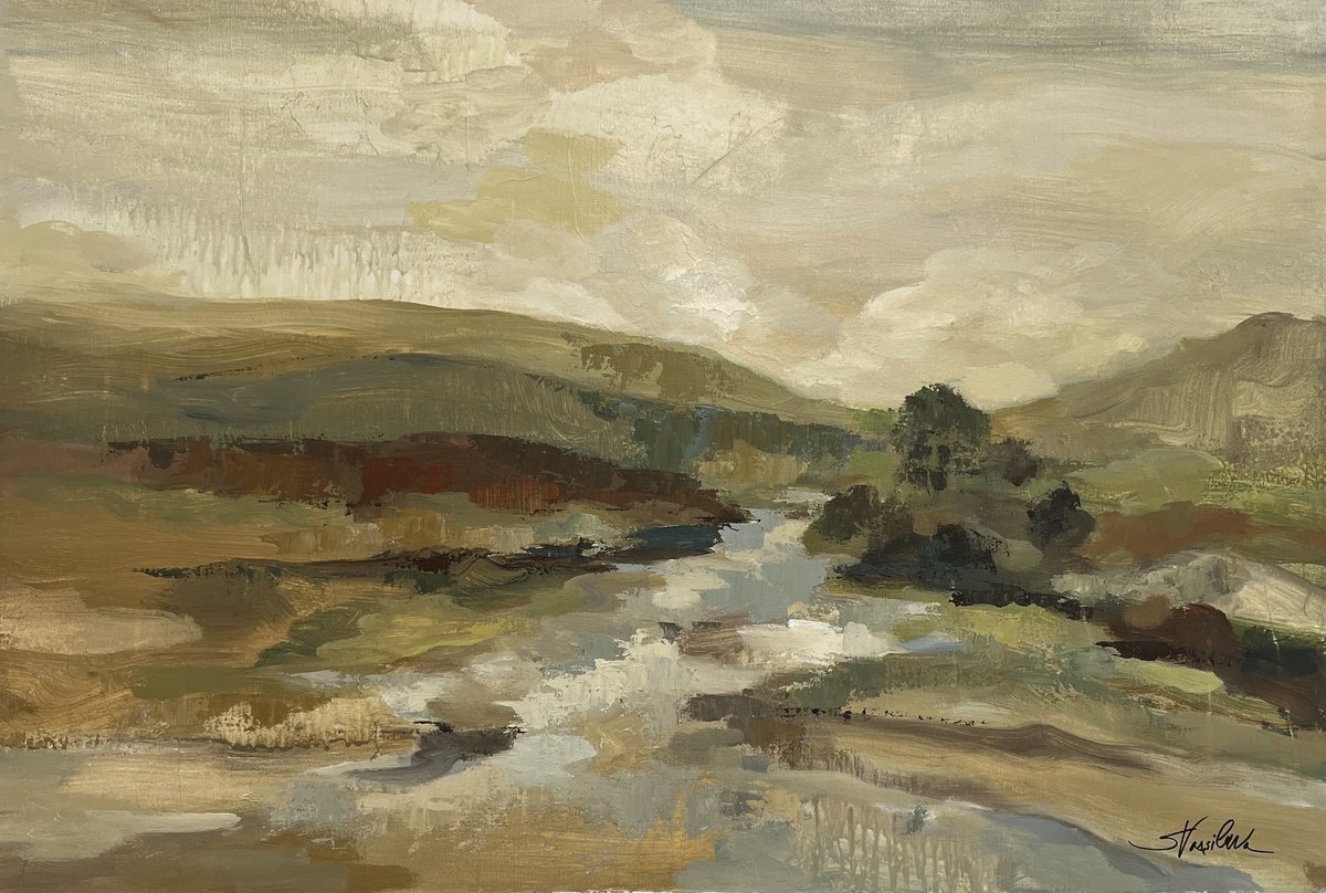 Expressive Landscape Acrylic Painting By Silvia Vassileva, 35 X 24", Valley River, Original Artwork