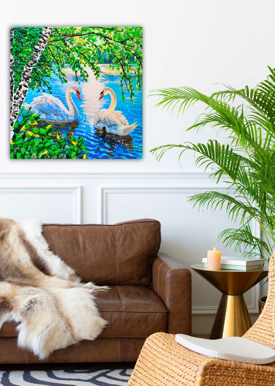 Two beautiful white swans in love on a summer lake (pond).  Decorative acrylic painting with precious stones. City landscape. Positive sunny good mood warm artwork. A wonderful gift for a couple, lovers, Wedding, Anniversary