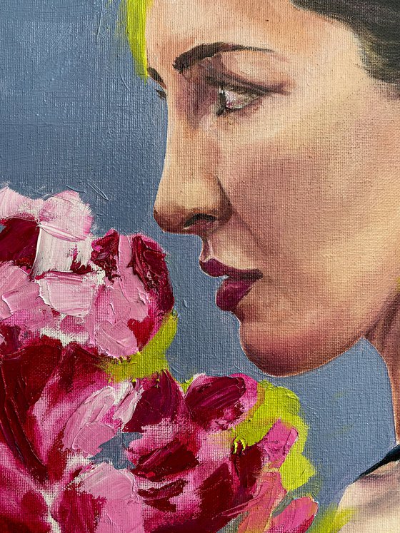 Oil painting Lovely women with magenta peonies