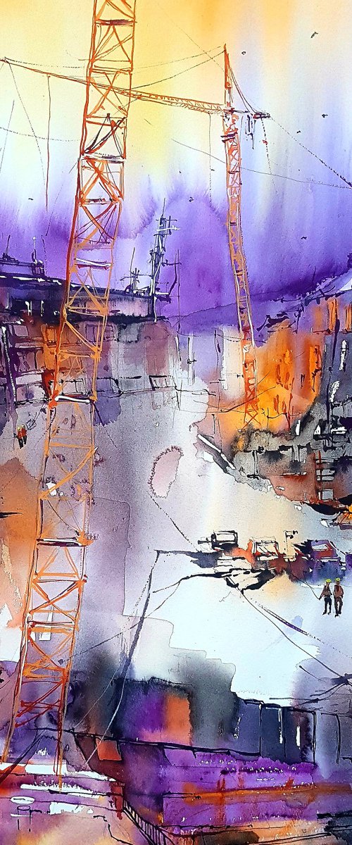 Construction site. Original watercolor painting, Ready to hang by Marina Abramova