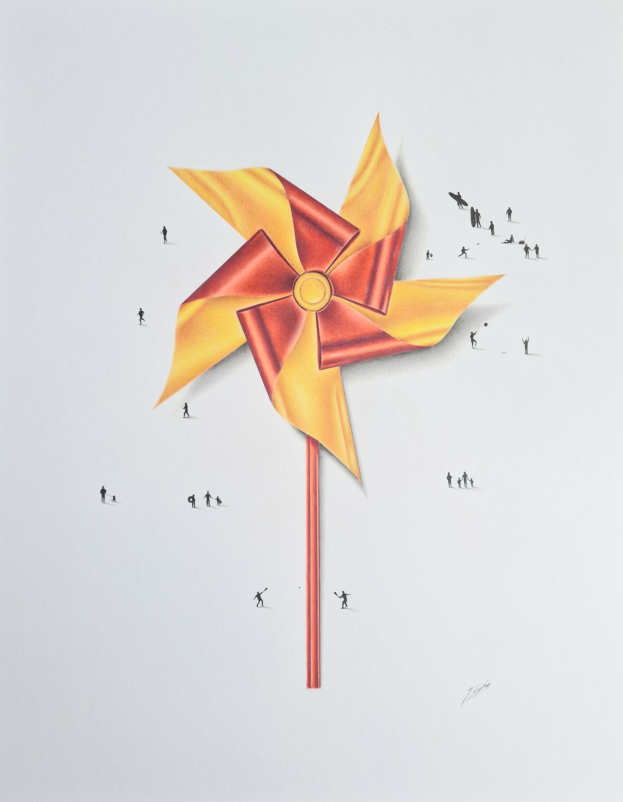 Urban And Pop Still Life Pencil Drawing By Daniel Shipton, 16 X 20, Foil Seaside Windmill, Original Artwork