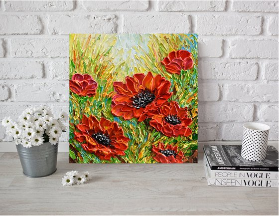 Red Poppies - Original Impasto Floral Painting, Palette Knife Textured Wall Art Canvas