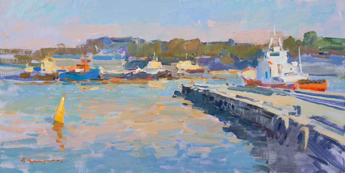 Impressionistic Landscape Oil Painting By Aleksandr Kryushyn, 31 X 16, Morning On The Pier, Original Artwork
