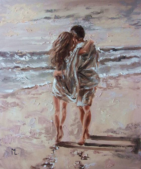 " MOMENTS WITH YOU ... "- SKY SEA SAND liGHt  valentines day couple ORIGINAL OIL PAINTING, GIFT, PALETTE KNIFE