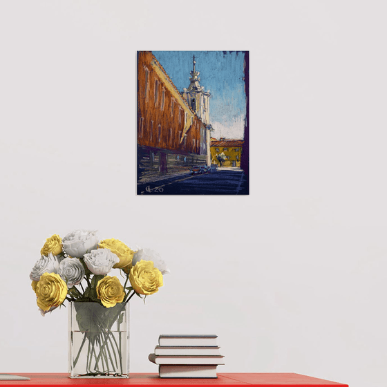 Madrid sunlight. Oil pastel painting.  Small interior decor travel  gift spain shadow original impression