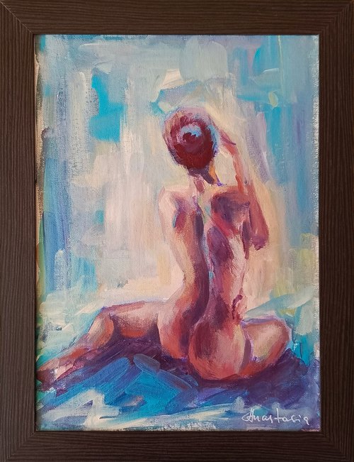 Erotic art expressive acrylic painting of naked woman by Anastasia Art Line