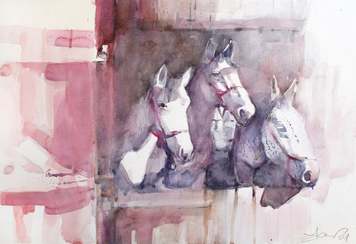 Three horses by Goran Zigolic Watercolors