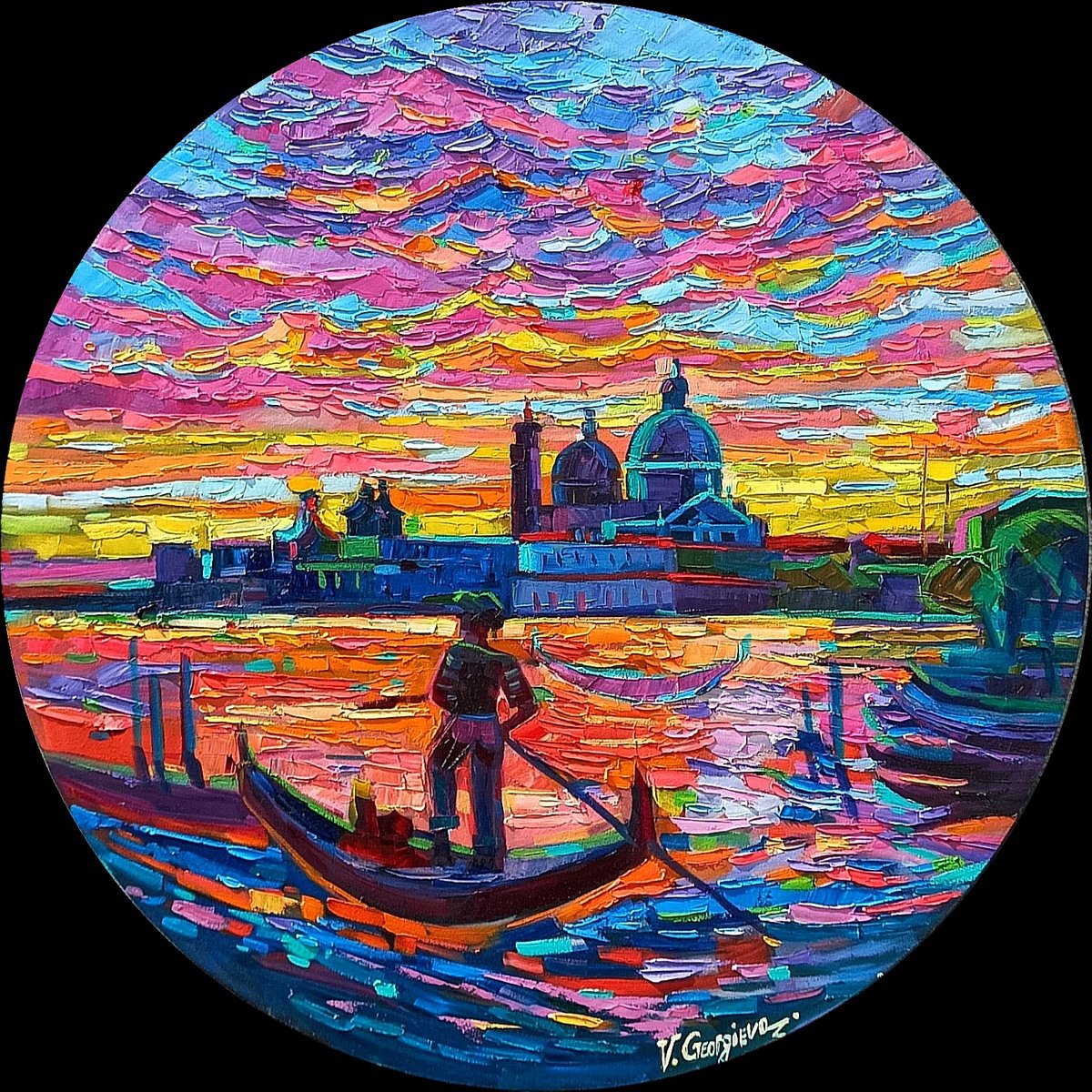 Impressionistic Cityscapes Oil Painting By Vanya Georgieva, 31 X 31", Sun Of Venice, Original Artwork