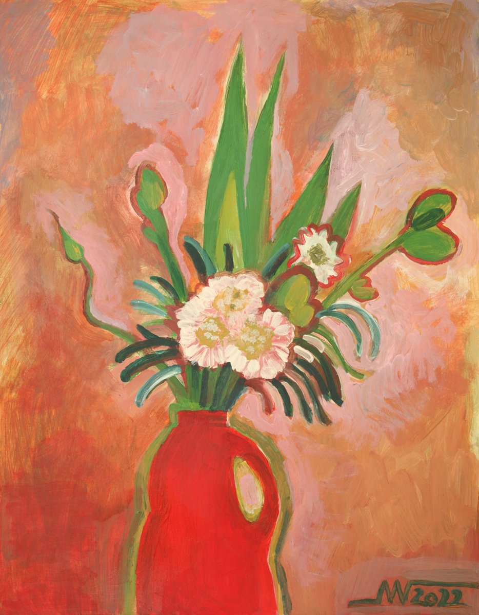 Botanical Acrylic Painting By Marina Gorkaeva, 16 X 20", Red Bottle, Original Artwork