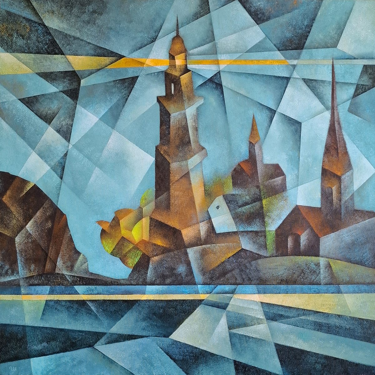 Geometric Landscape Oil Painting By Eugene Ivanov, 35 X 35, Lighthouse, Original Artwork