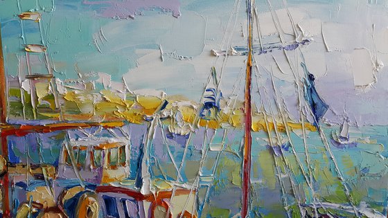 Painting Fishing boats, Nautical Painting, boat yacht bay