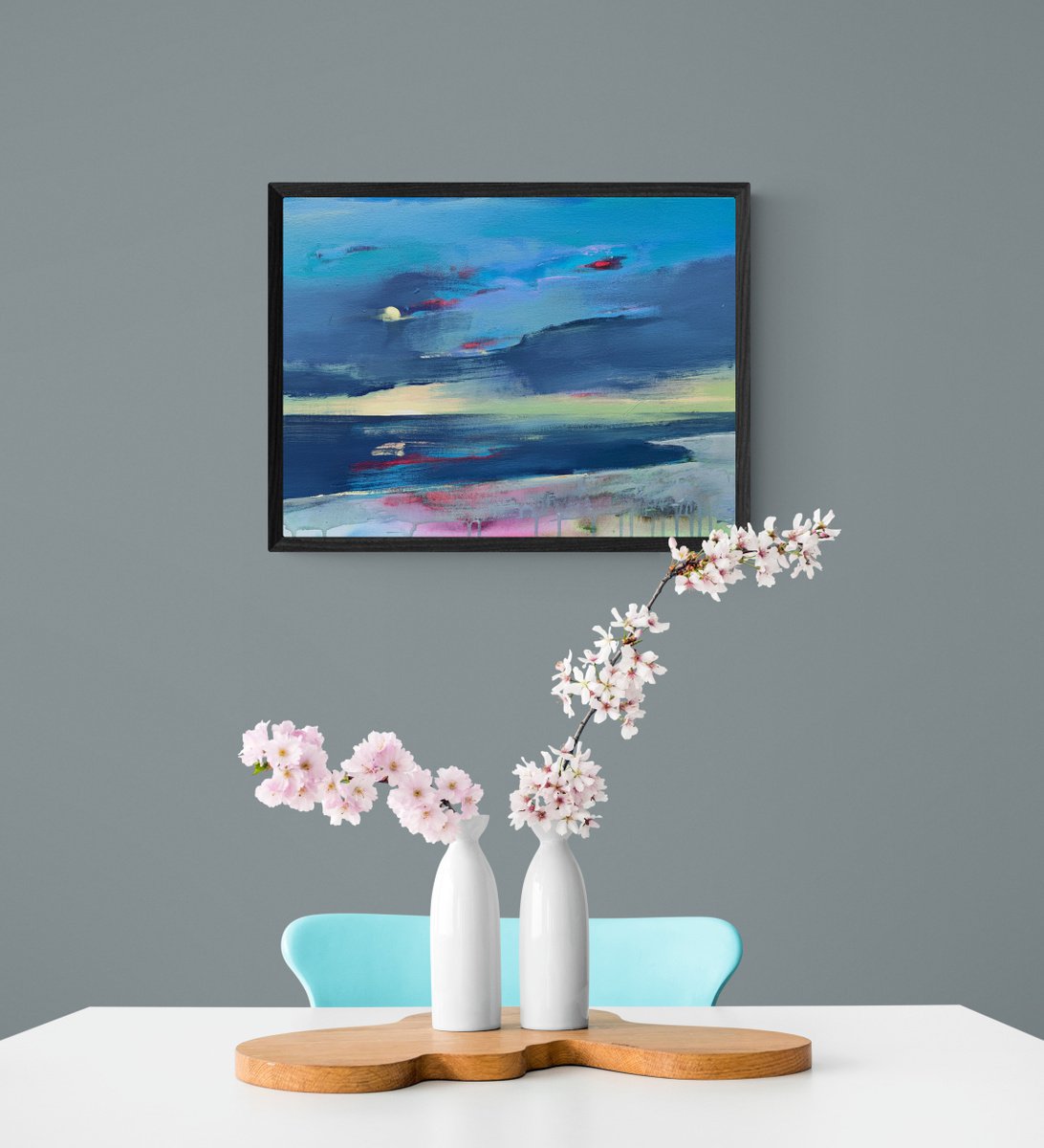 Expressive Landscape Acrylic Painting By Yaroslav Yasenev, 24 X 18", Summer Blue Evening, Original Artwork