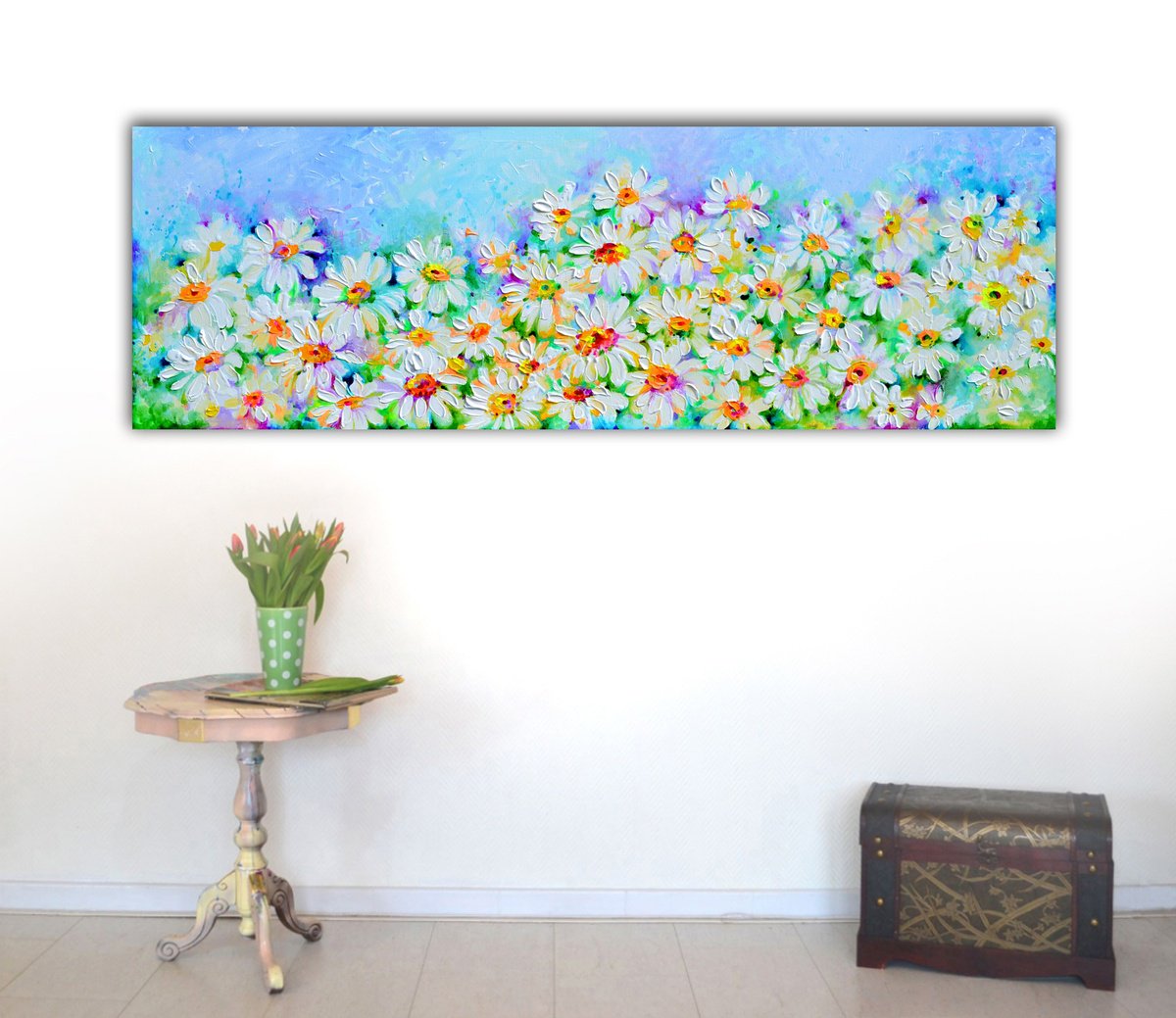Impressionistic Botanical Acrylic Painting By Soos Roxana Gabriela, 47 X 16", White Daisy Daisies Field, Original Artwork