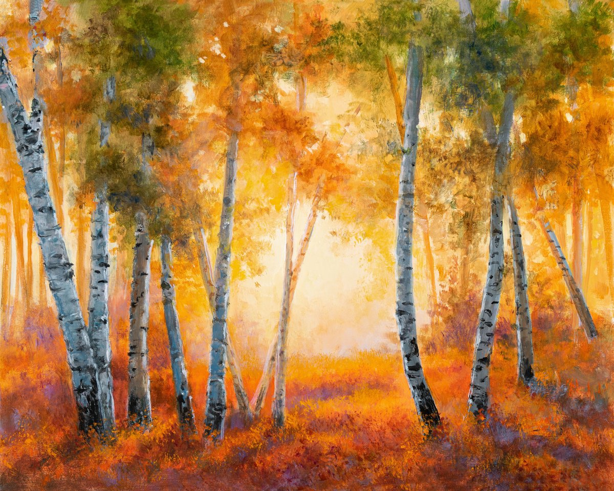 Photorealistic Landscape Oil Painting By Lucia Verdejo, 9 X 11", Autumn Birch Tree Forest Scene, Original Artwork