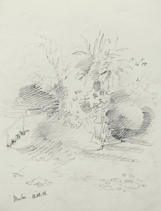 Sketch with a palm tree. France Cote d'Azur. Original pencil drawing.