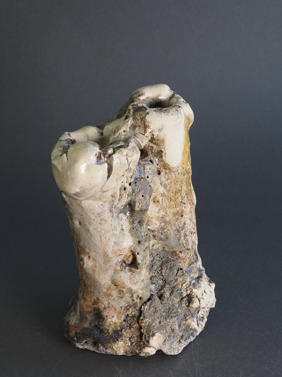 Expressive Abstract Clay Sculpture By Linda Cares, 4 X 6", Double Stemmed Vessel, Original Artwork