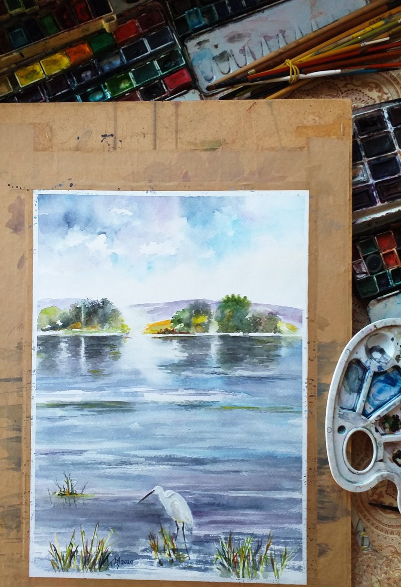 Impressionistic Landscape Watercolour By Zoran Mihajlovic Muza, 11 X 15", Bird Habitat, Original Artwork