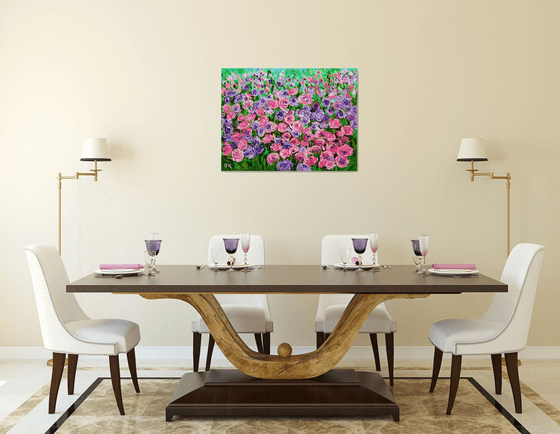 FIELD OF Happyness PURPLE PINK WHITE  ROSES  palette knife modern decor MEADOW OF FlOWERS, LANDSCAPE,  office home decor gift