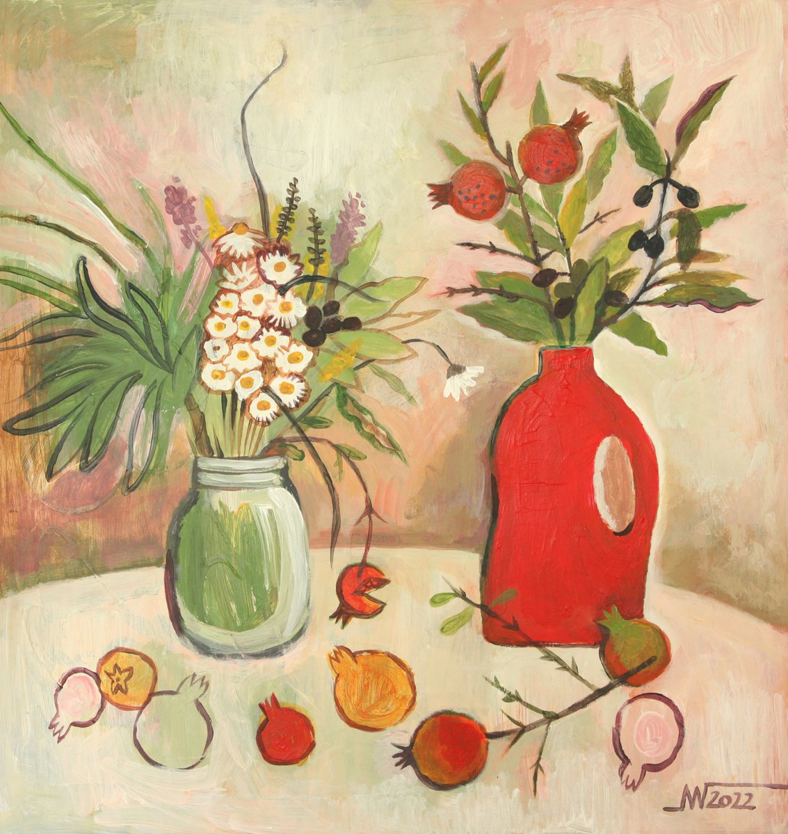 Still Life Acrylic Painting By Marina Gorkaeva, 20 X 22", Flowers And Pomegranates, Original Artwork