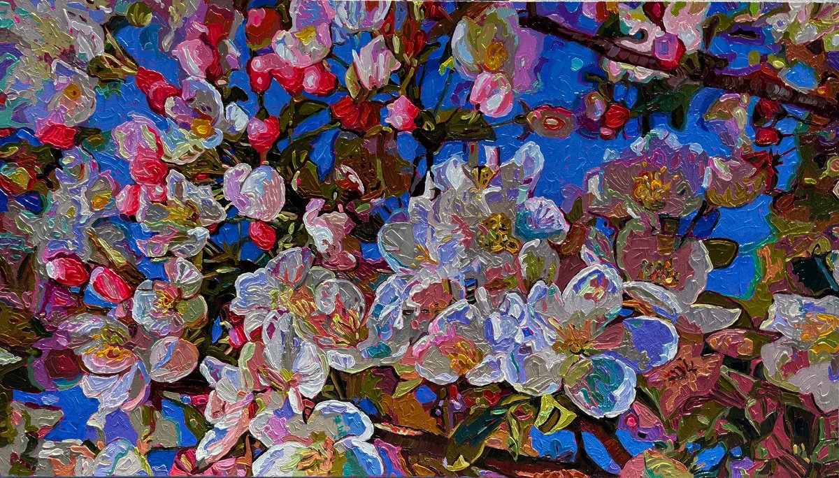 Impressionistic Landscape Oil Painting By Irinagoldenfish, 48 X 27, Spring Apple, Original Artwork