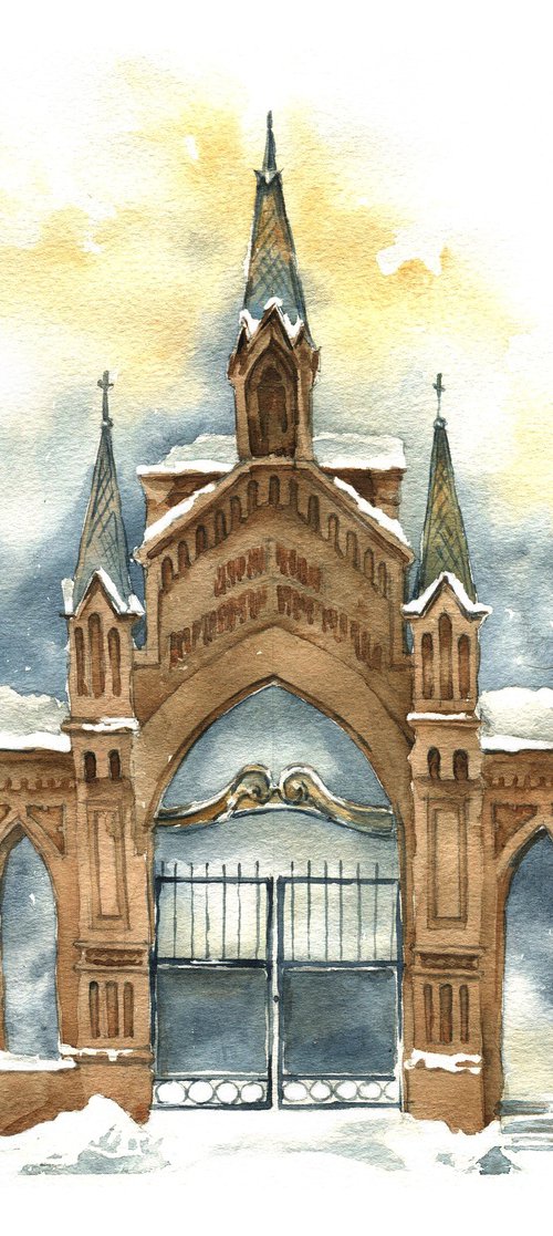"Brick gate" architectural sketch in watercolor by Ksenia Selianko