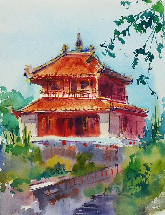 Watercolor landscape. Pagoda