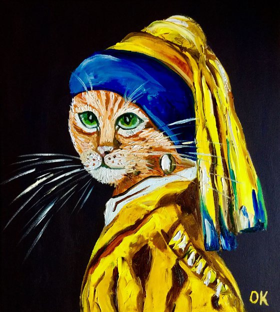 Cat with the pearl earring inspired by Vermeer painting modern home wall decor palette knife urban art feline art for cat lovers gift idea