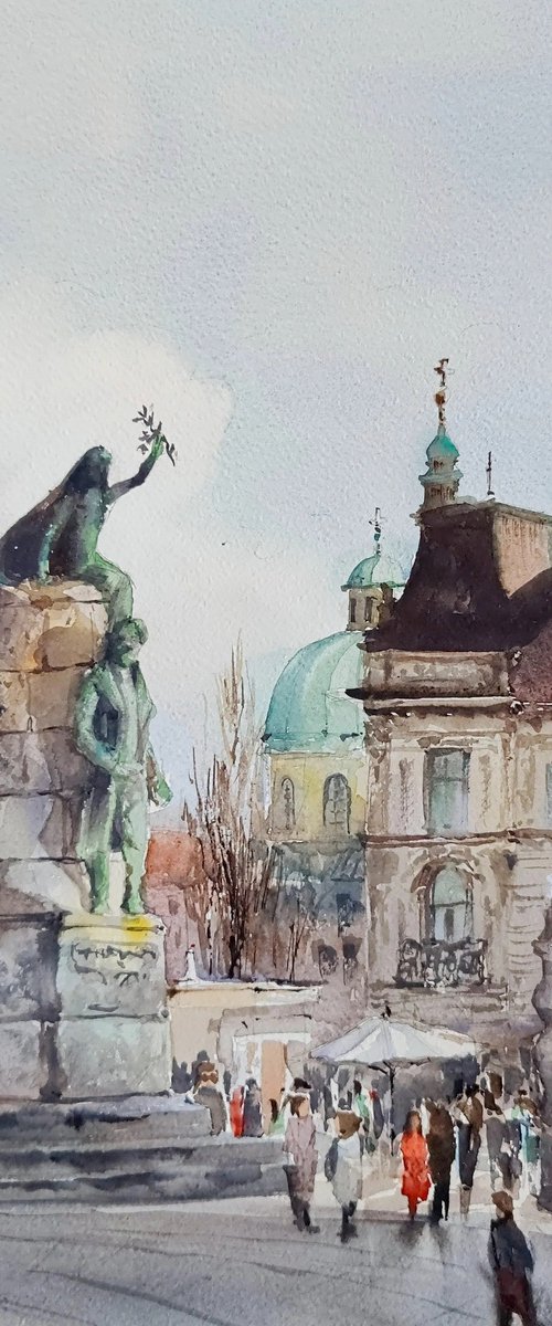 Slovenia Ljubljana original watercolor of Prešeren Square, Mediterranean Europe Impressionistic City Wall art by Larisa Carli