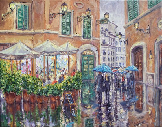 Original 28" x 22" Oil Painting Of Rome, "Cafe Roma"