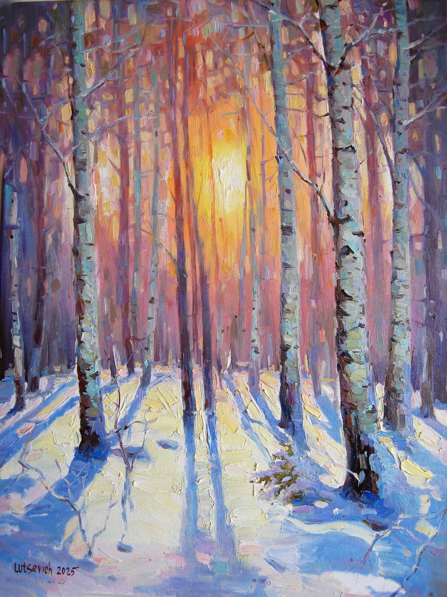 Impressionistic Landscape Oil Painting By Vladimir Lutsevich, 12 X 16", Winter Forest. Birches, Original Artwork