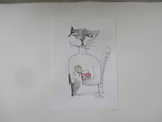 crazy cat needs coffee 8,2 x 11,4 inch unique mixedmedia drawing
