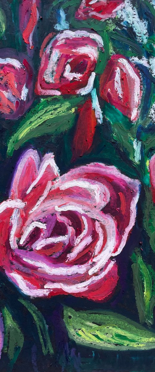 Rose Original Panting, Oil Pastel Painting, Hand Painted Card, Gifts for Her, Dark Floral Wall Art by Kate Grishakova
