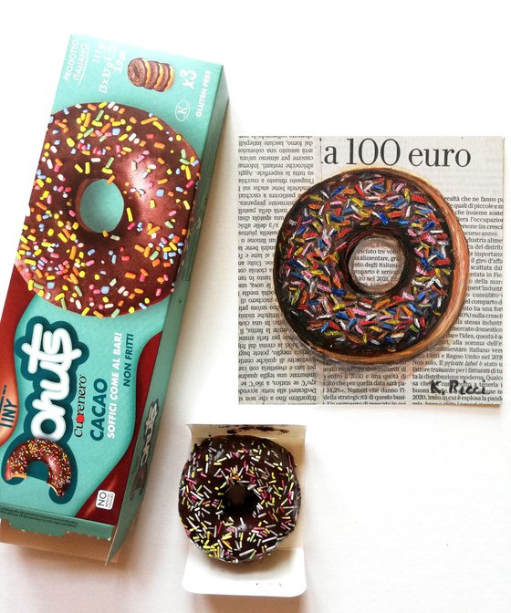 "Brown Donut on Newspaper" Original Oil on Canvas Board Painting 6 by 6 inches (15x15 cm)