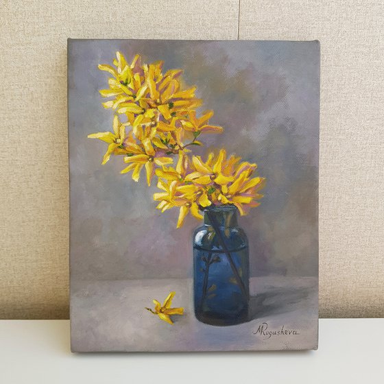 Forsythia in the blue bottle original oil painting