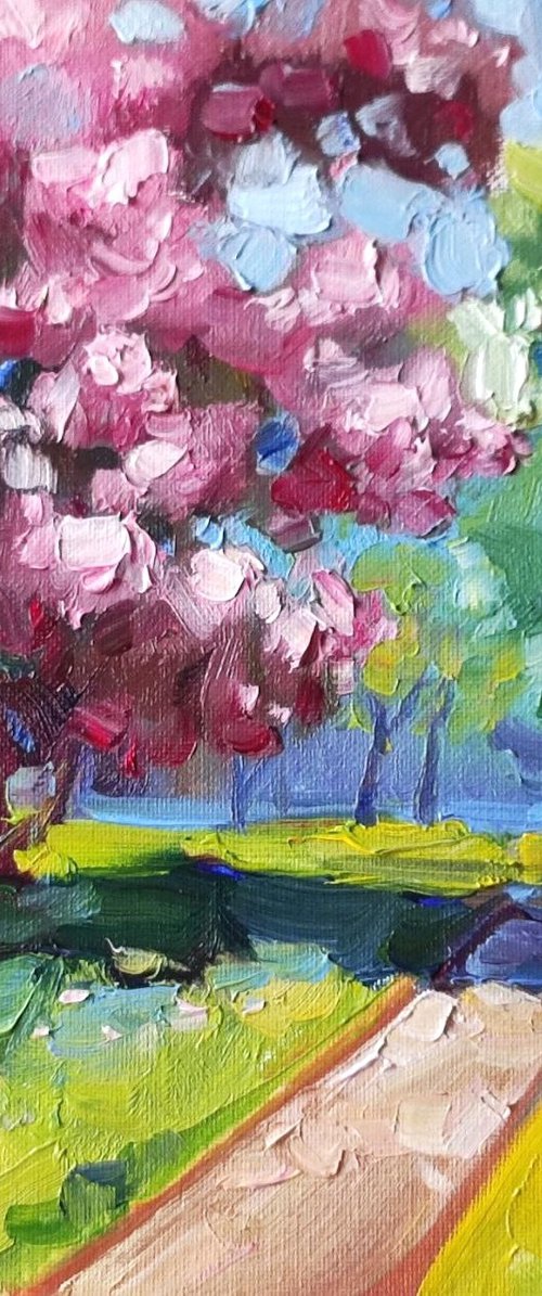 Spring Blossom Tree in Park. Oil Painting by Natalia Miasnikova