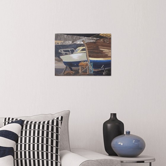 Inside the boathouse, A Norfolk Boatyard oil painting.