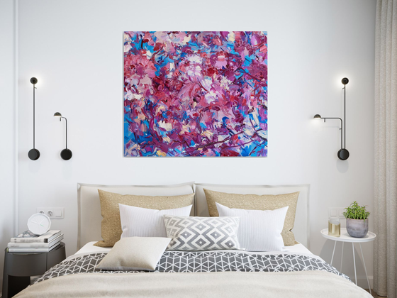 SAKURA BLOSSOM - abstract floral original oil on canvas painting, blue rose cherry-tree, Japan