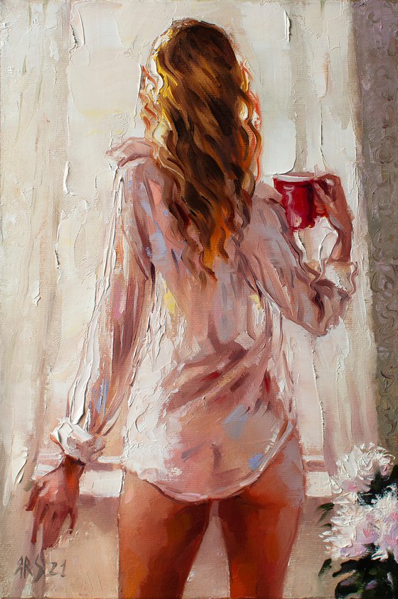 GOOD MORNING COFFEE by Yaroslav Sobol  (Modern Impressionistic Romantic Beautiful Girl Oil painting Gift)